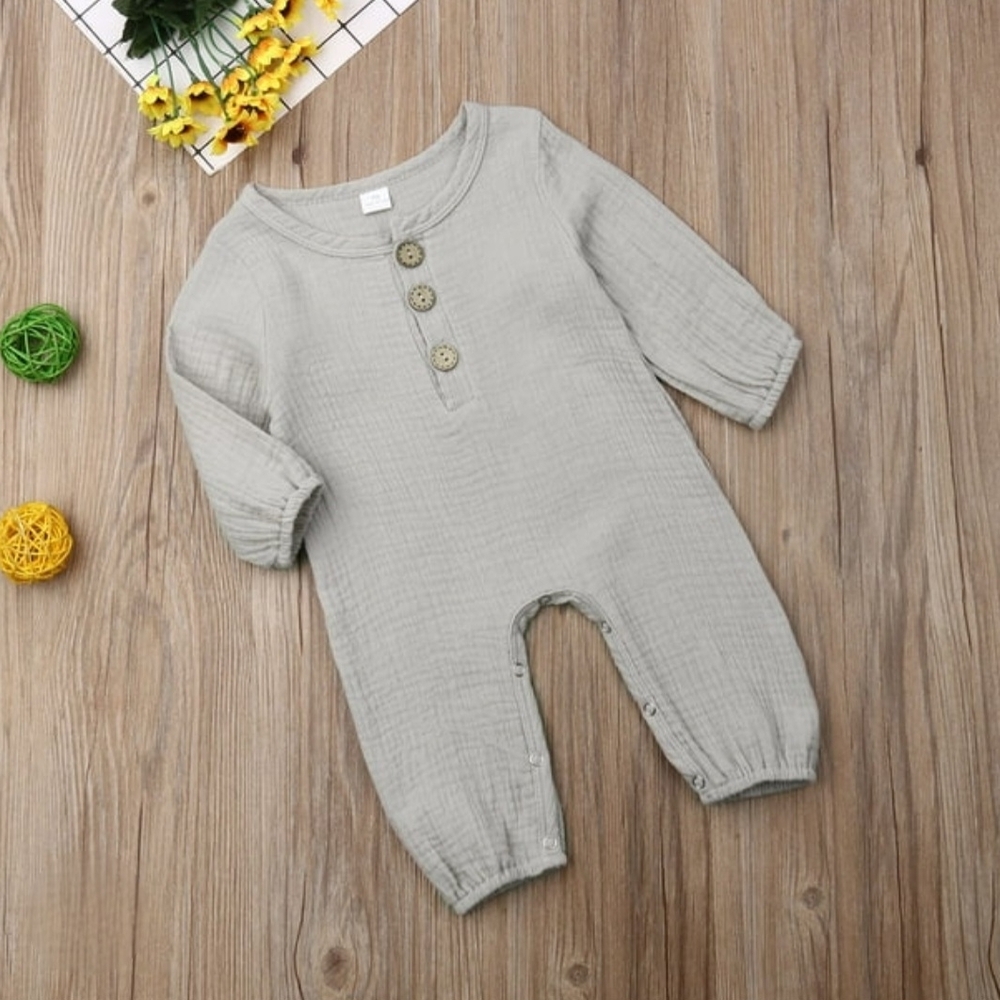 Baby Boy Girl Muslin Cotton Jumpsuit Long Sleeve Button Gray Boho Outfit 3-6M